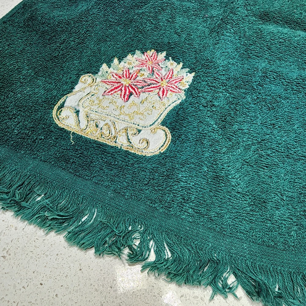 Vintage Green Holiday Hand Towels with Embroidered Sleigh Set Of 2